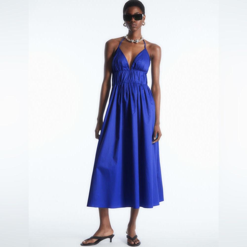 COS Gathered Halterneck Midi Dress in Bright Blue NEW